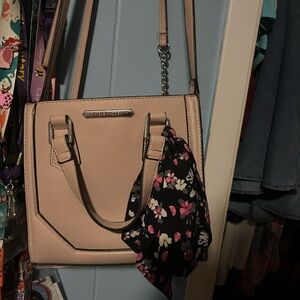 Elegant Pink Handbag with Floral Scarf